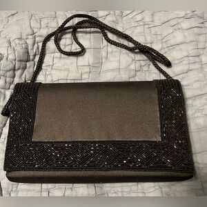 Black sequin and satin purse with braided cord strap